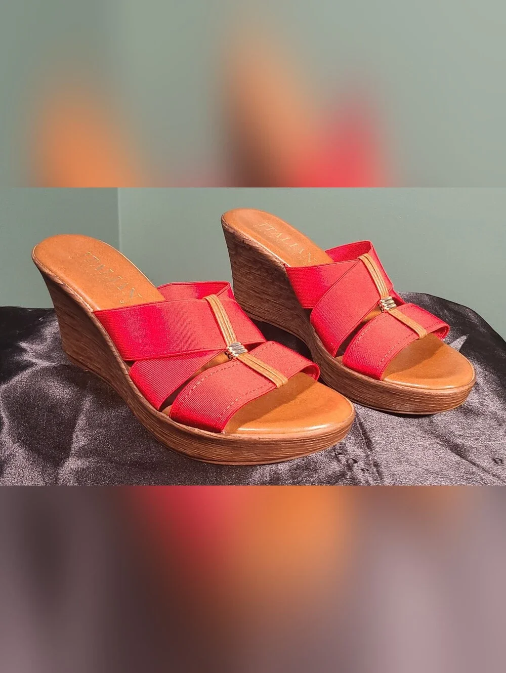 Italian Shoemakers Red Elastic Strap Wedge Sandals